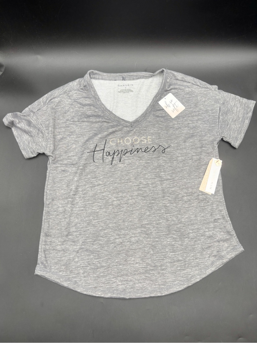 NWT Danskin "Choose Happiness" V-Neck Tee - Grey Heather, Size S